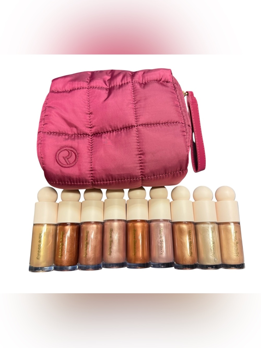 Rare Beauty Shimmering Liquid Highlighter Set with Pink Quilted Pouch. BRAND NEW